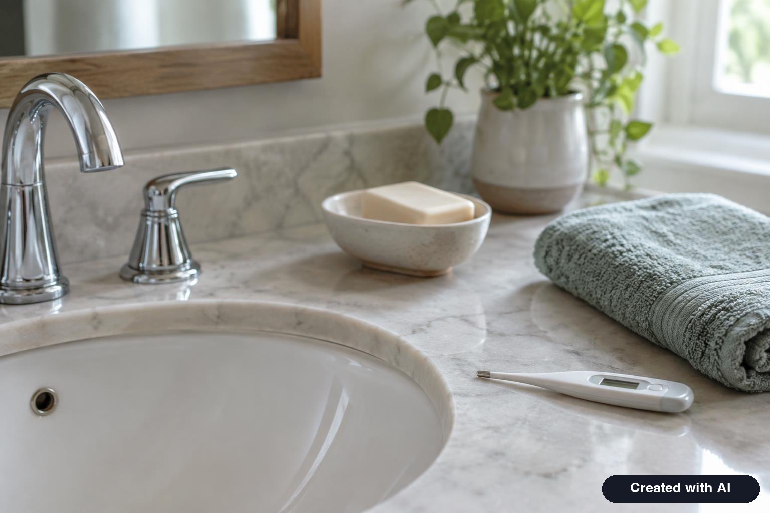 Bathroom sink with a bar of soap, a clean hand towel and a digital thermometer on the counter