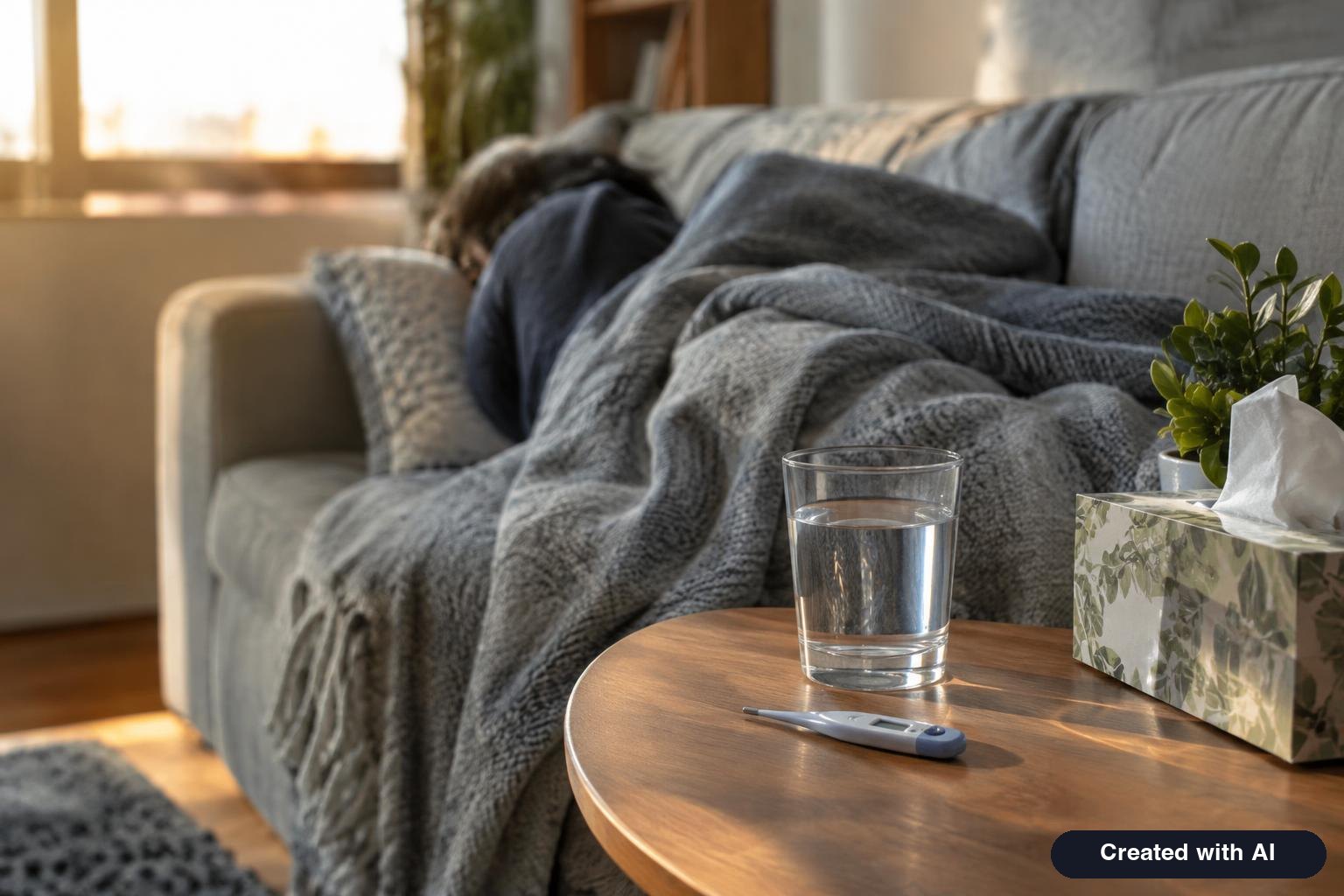 Adult resting on a couch under a blanket with a glass of water and a thermometer on the side table