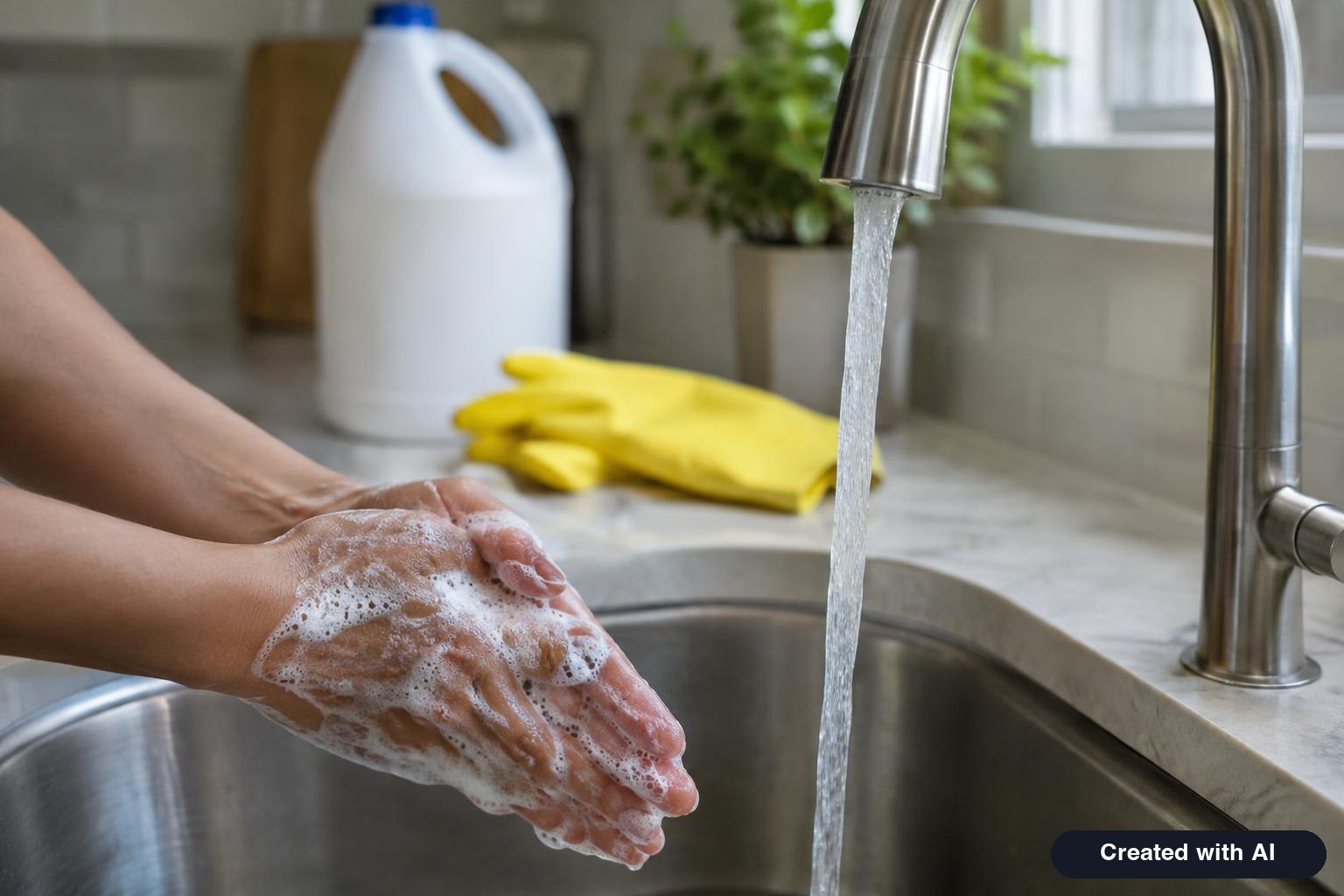 Hands washing with soap under a kitchen faucet with a bottle of bleach and gloves in the background