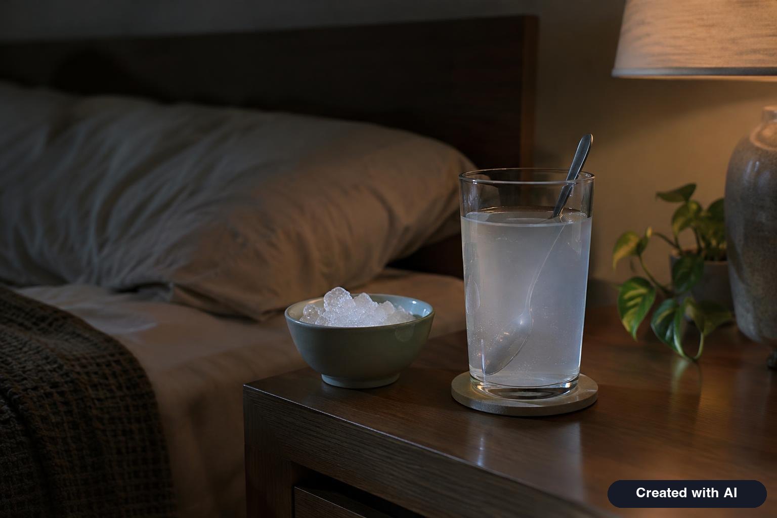 Glass of clear oral rehydration drink with a spoon and a small bowl of ice chips on a nightstand