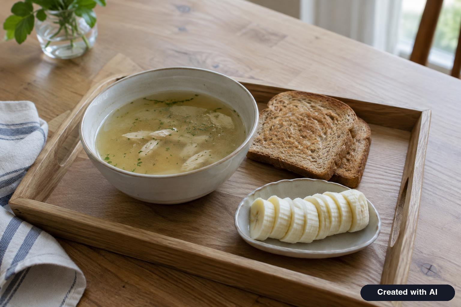 Tray with a bowl of chicken broth, dry toast and a sliced banana on a kitchen table