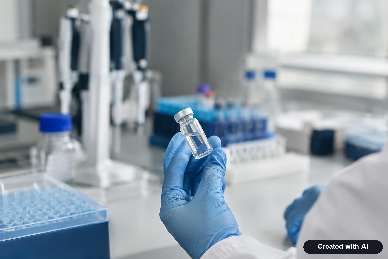 Gloved hands holding an unlabeled glass vial in a laboratory, with pipettes and sample racks in the background