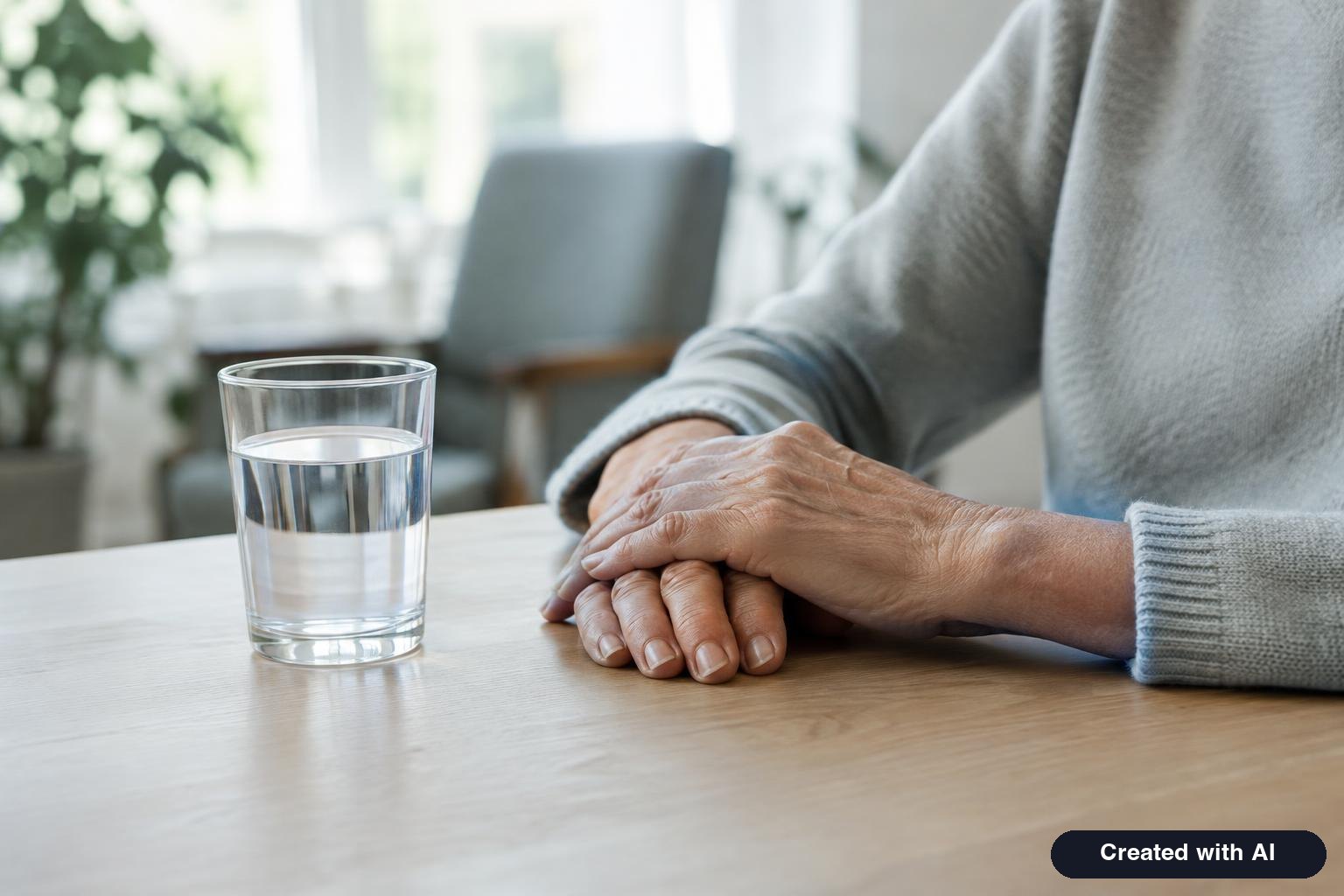 Older adult's hands resting on a table beside a glass of water in a bright common room