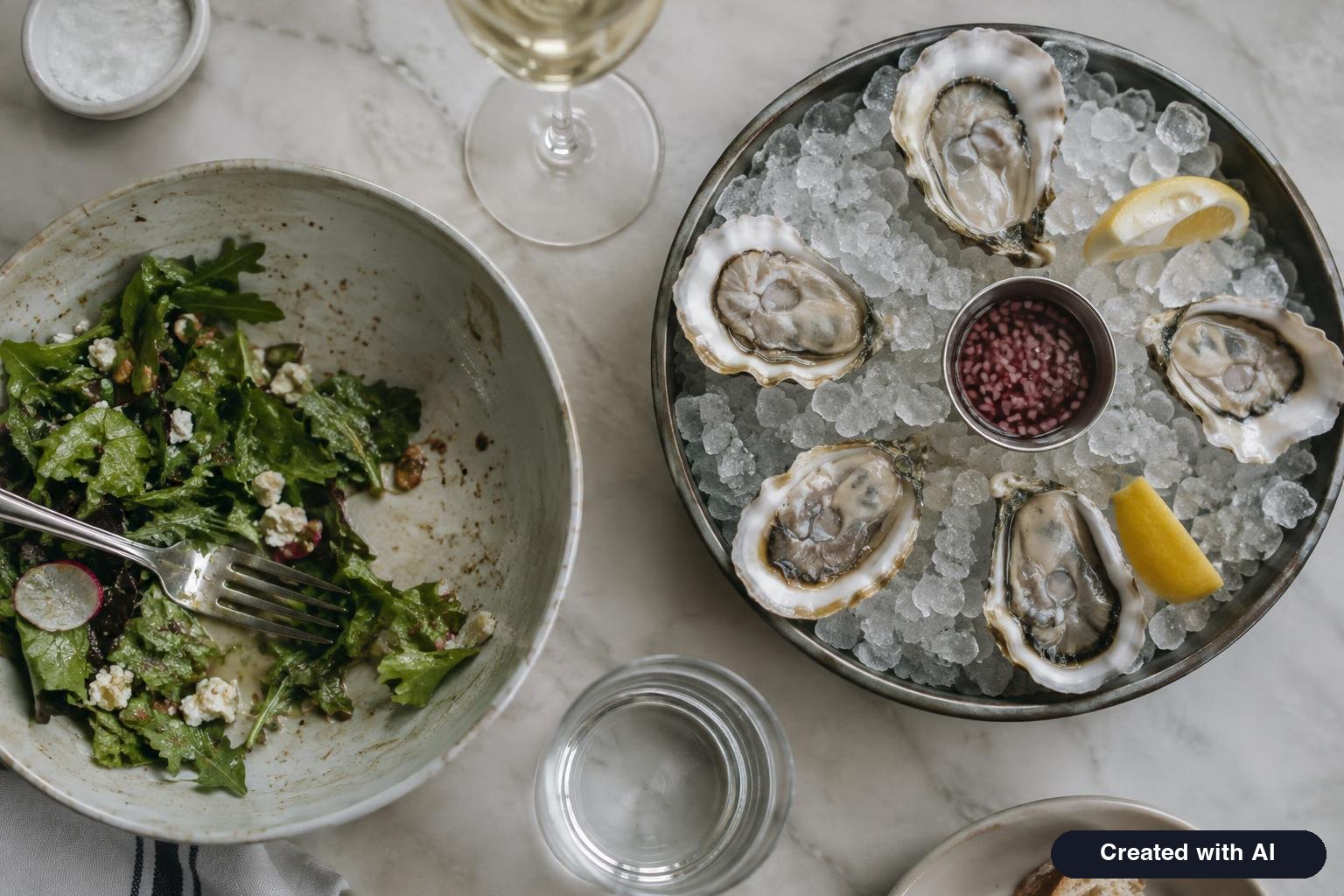 Restaurant table with a half-eaten salad and a plate of raw oysters on ice, seen from above