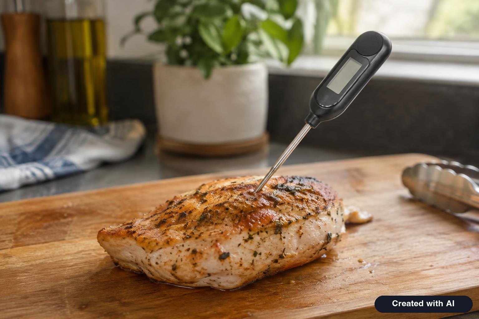 Digital food thermometer inserted into a cooked chicken breast on a cutting board
