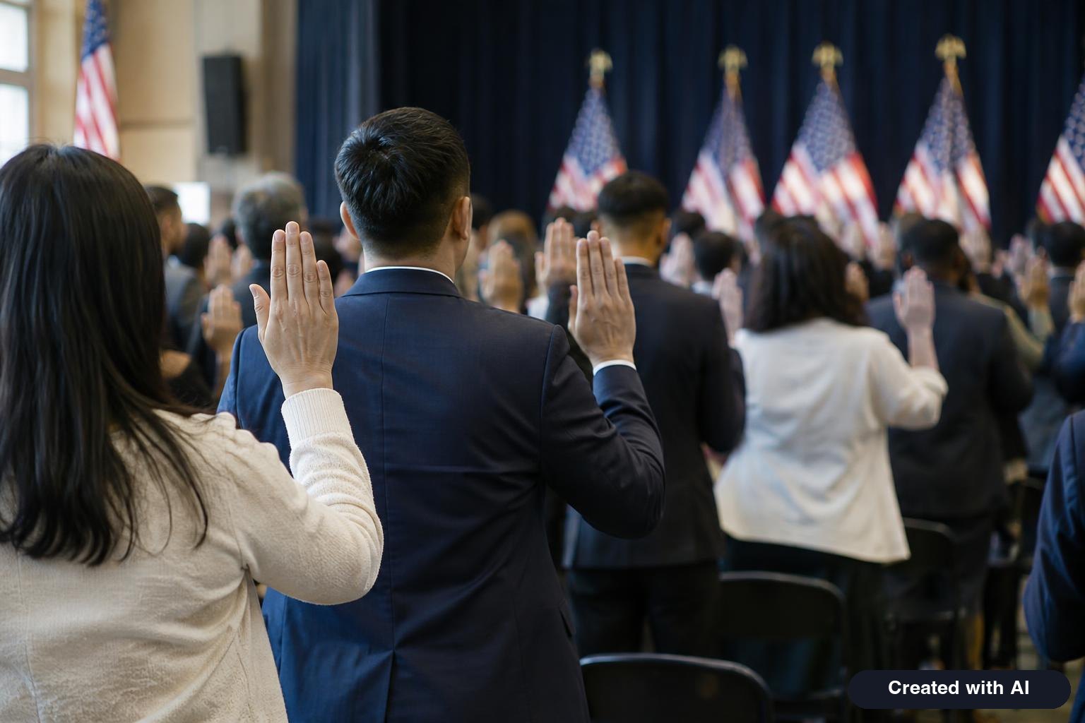 Rows of people seen from behind with right hands raised in a large hall decorated with American flags