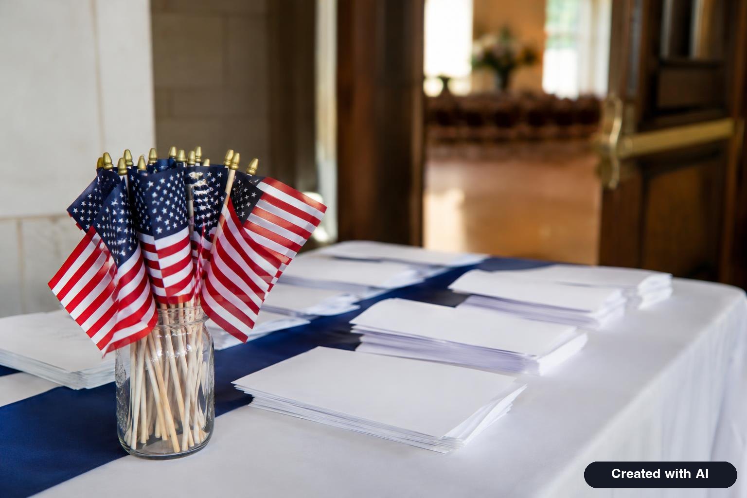 Small American flags and folded programs laid out on a table at the entrance to a ceremony hall
