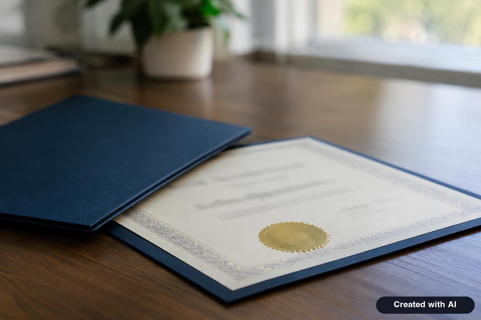 A dark blue passport cover and an official certificate with an embossed seal resting on a wooden desk