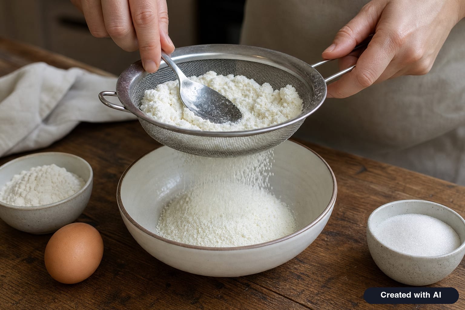 Dry farmer cheese for old fashioned syrniki is pressed with a spoon through a metal sieve into a bowl