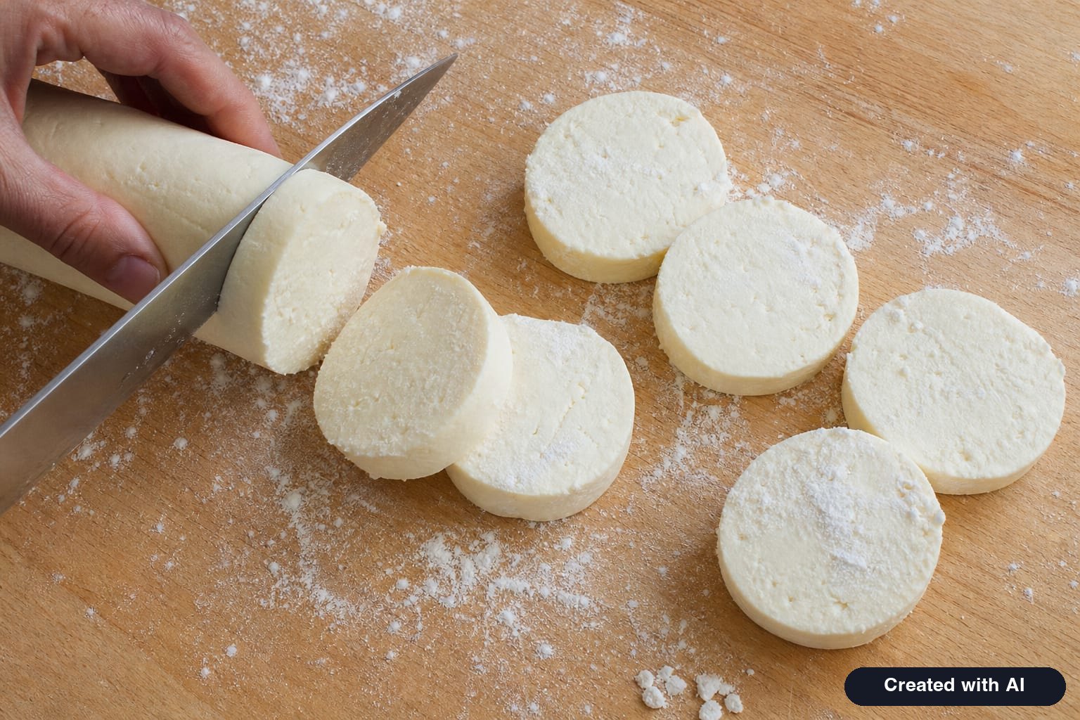A log of old fashioned syrniki dough on a floured board is cut with a knife into equal thick discs
