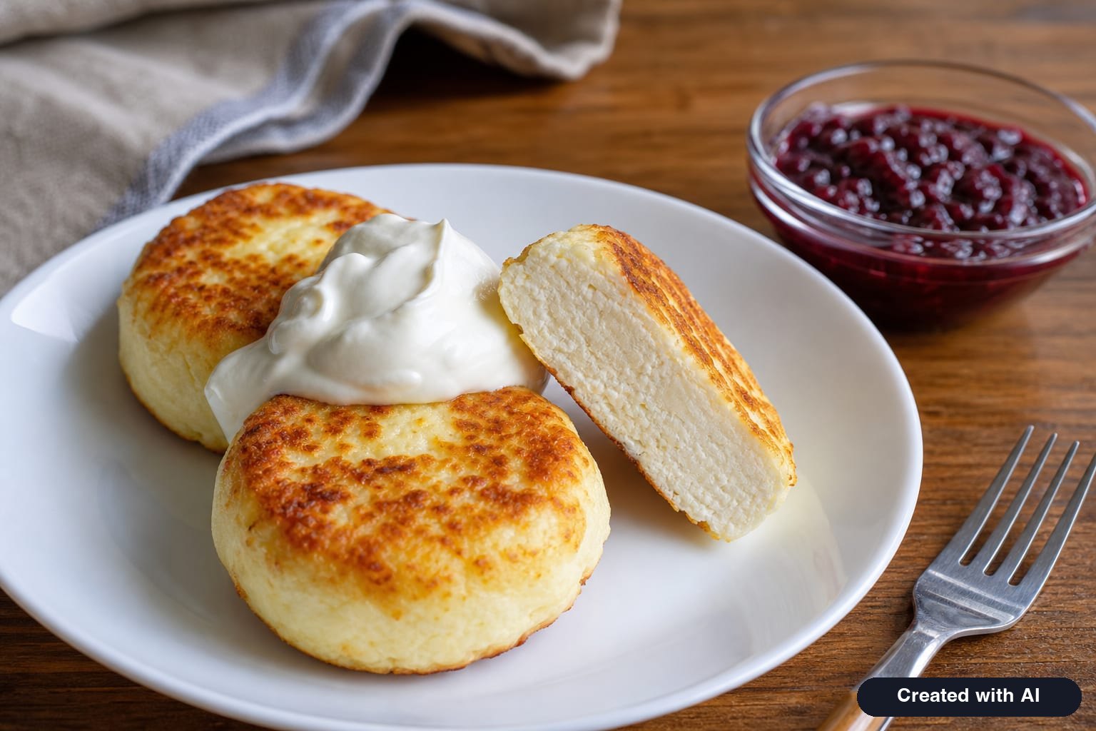 Three old fashioned syrniki on a white plate, topped with sour cream, next to a bowl of jam