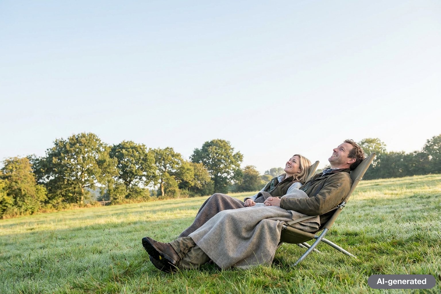 Two people resting on reclining camp chairs on a grassy hillside, blankets over their legs, looking up at a clear sky