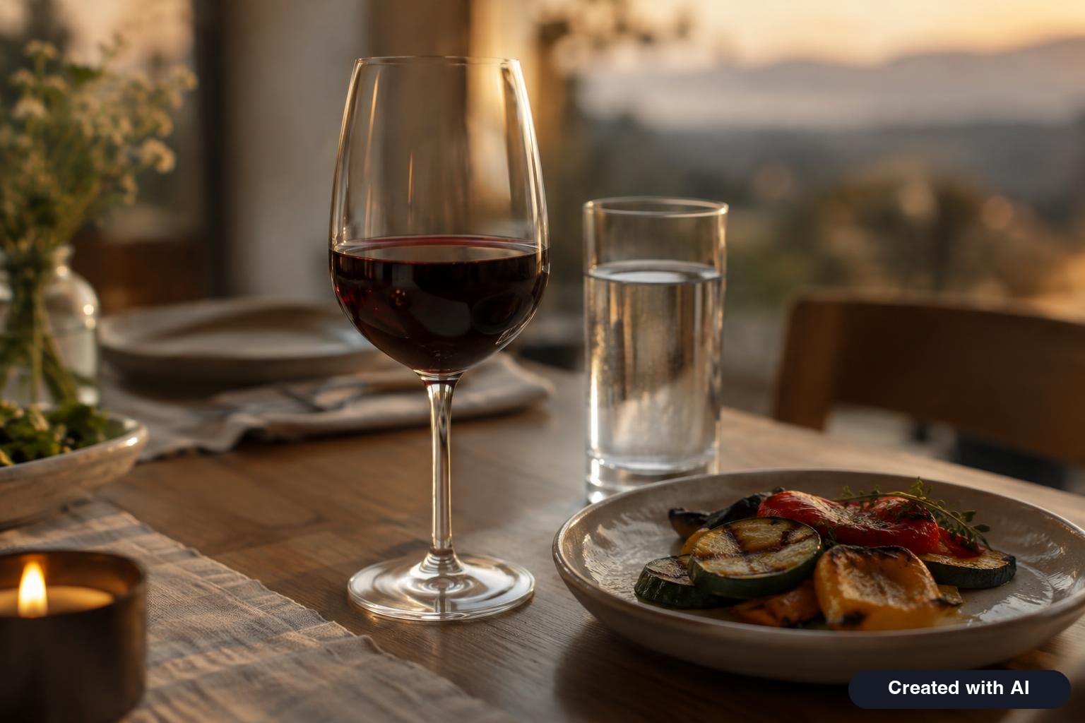 A single glass of red wine next to a full glass of water and a small plate of food on a dinner table