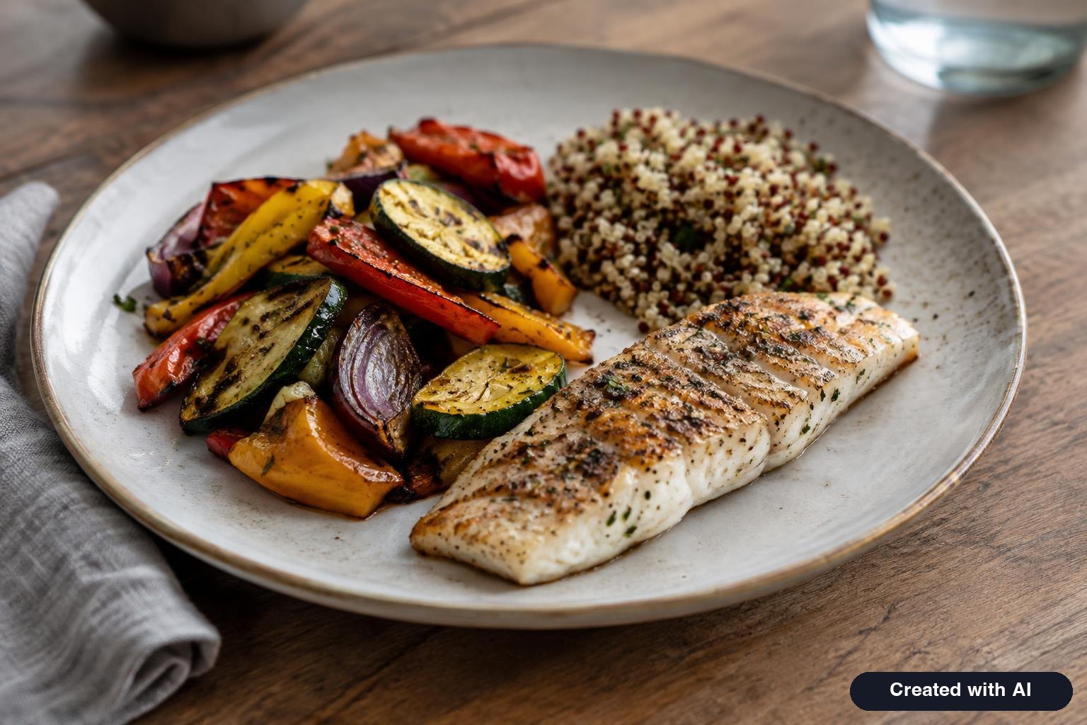 A plate with grilled fish, roasted vegetables and a small portion of grains on a wooden table