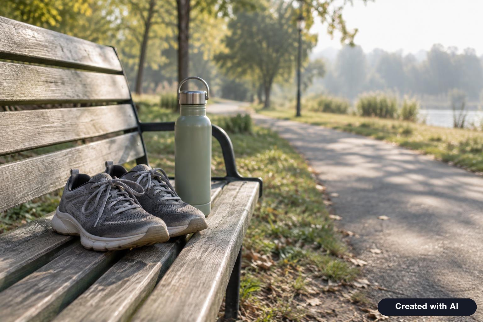 A pair of walking shoes and a water bottle on a park bench path in the morning