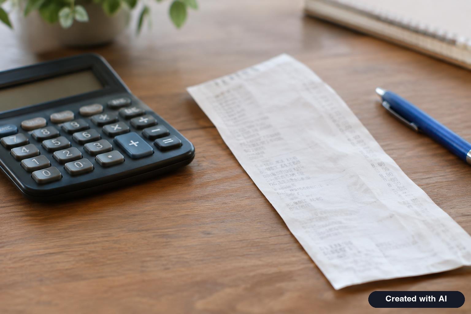 Calculator, pharmacy receipt and a pen on a desk