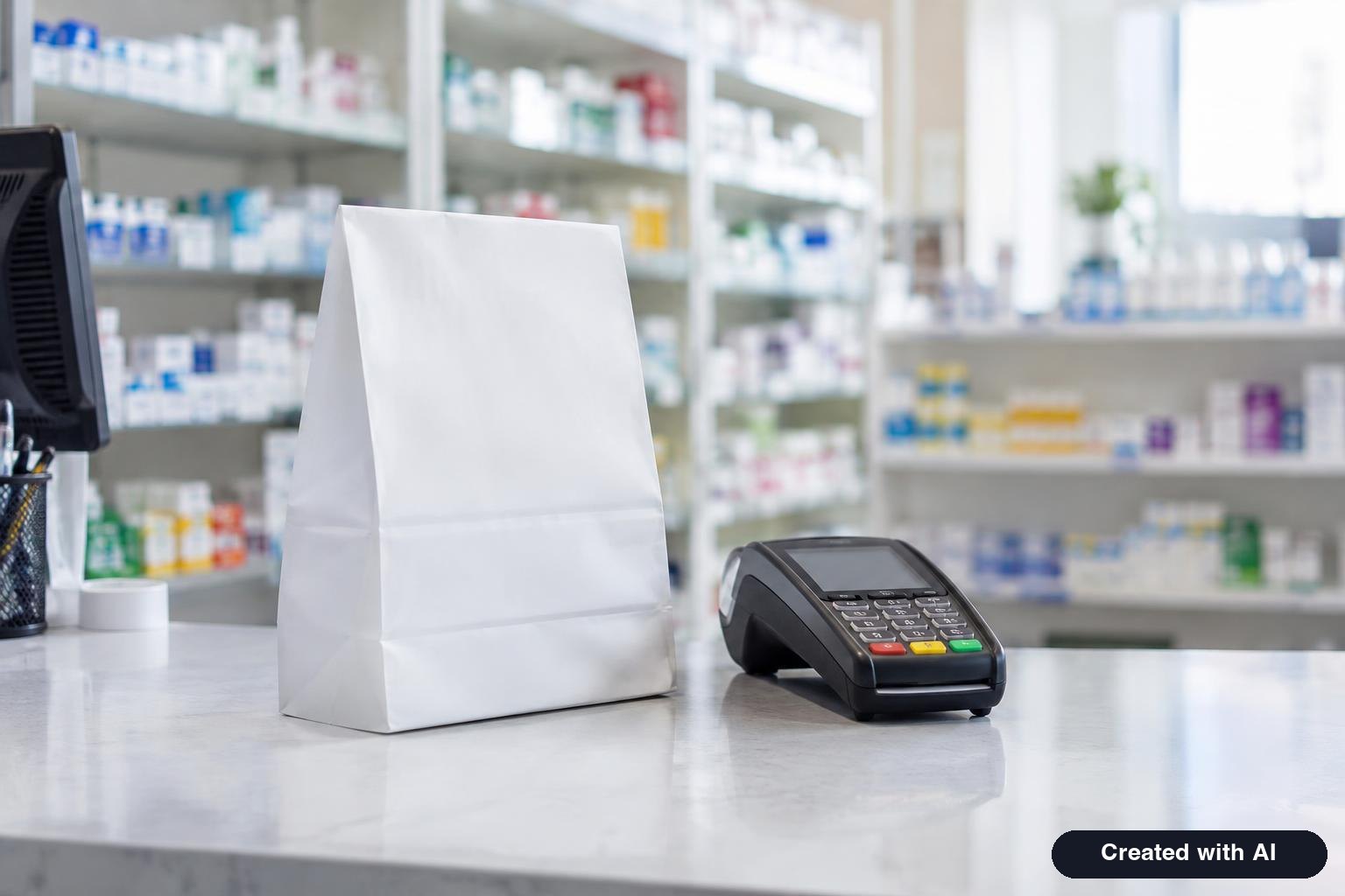 Pharmacy counter with a paper bag and a payment terminal, no people