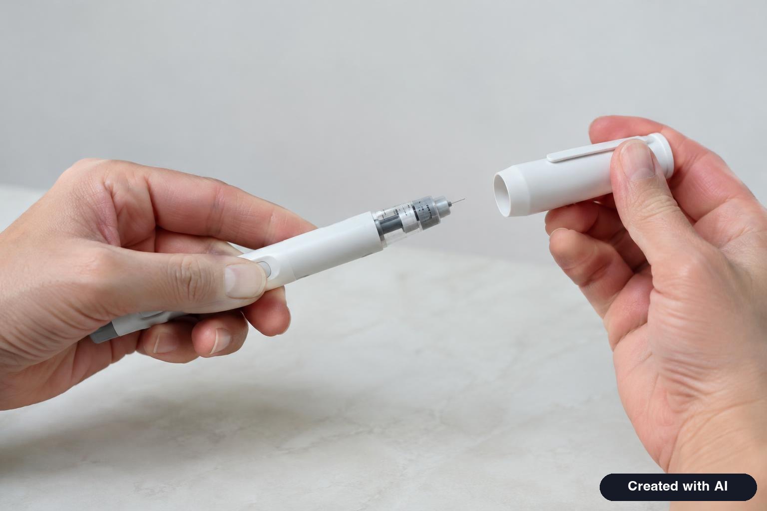 Close-up of hands holding an unbranded injection pen with the cap removed over a clean table