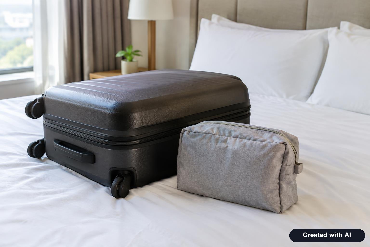 Small insulated travel case and a carry-on bag on a hotel bed
