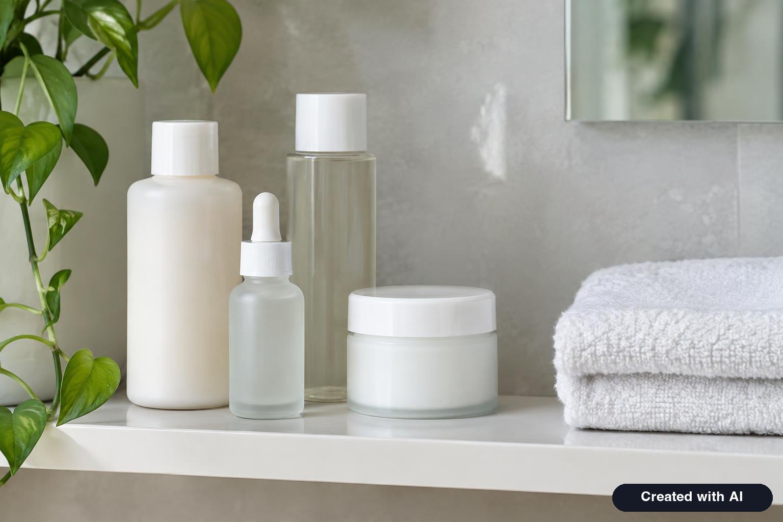 Assortment of skin care bottles without labels and a folded towel on a bathroom shelf