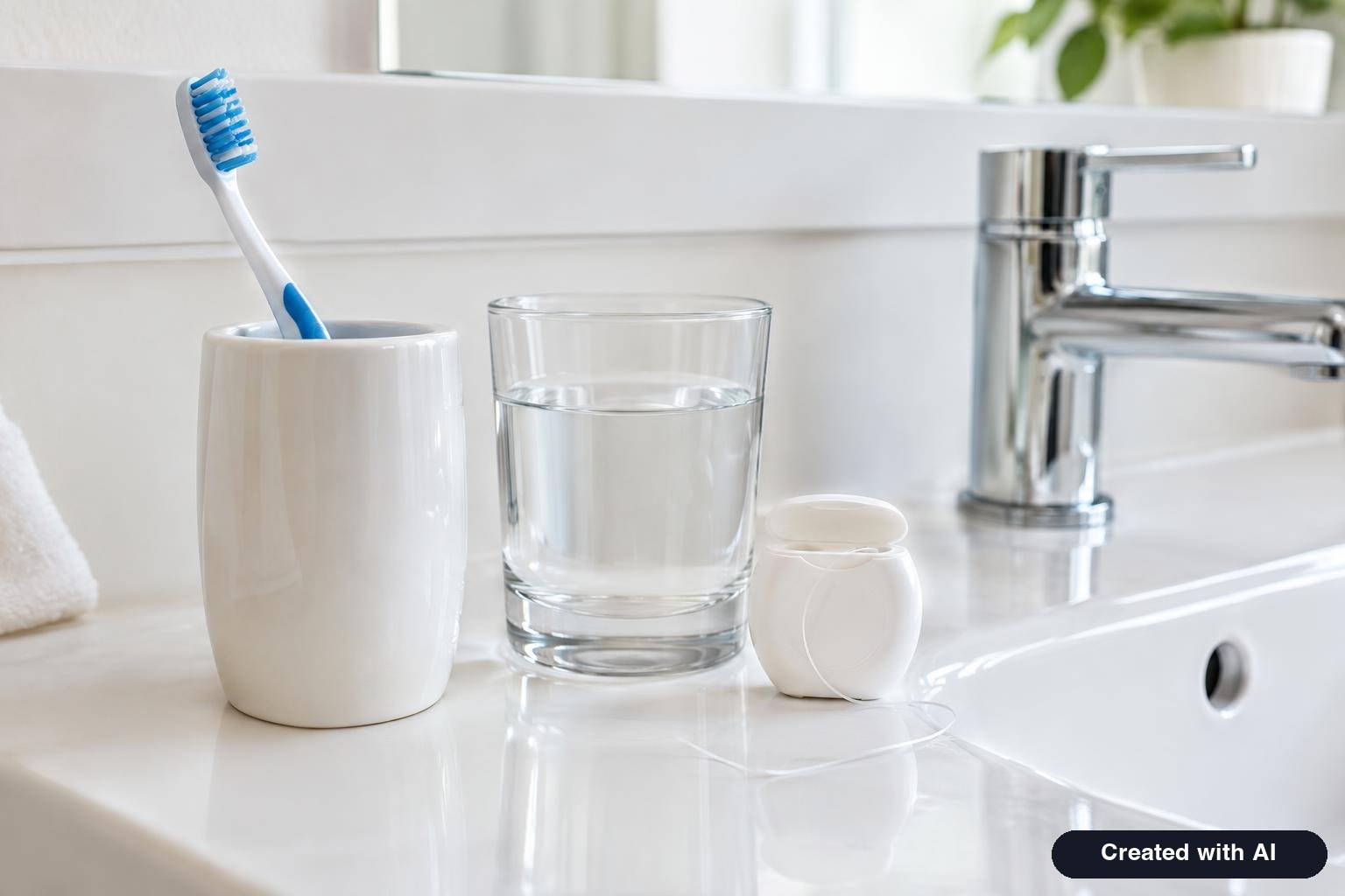 Toothbrush, glass of water and dental floss on a bathroom sink