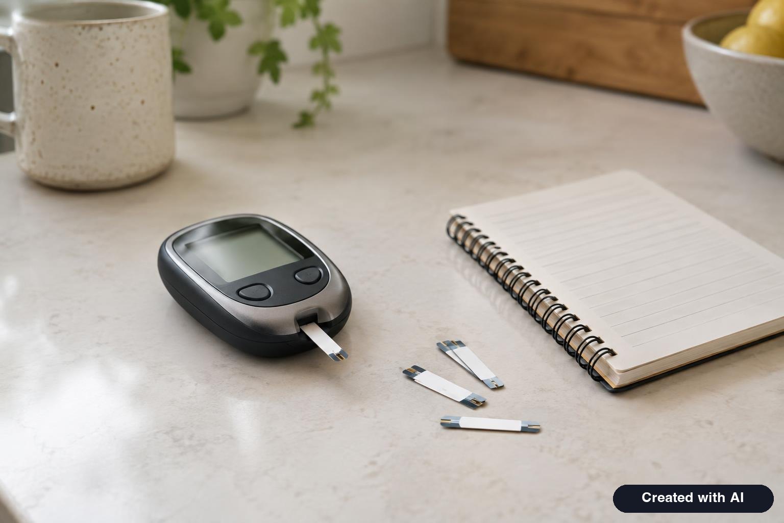 A blood glucose meter, test strips and a small notebook on a kitchen counter