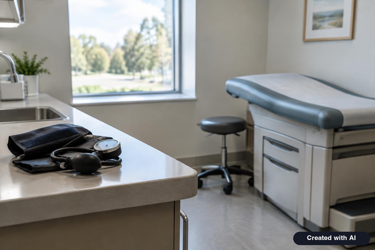 A clinic exam room with a blood pressure cuff on a counter and a window