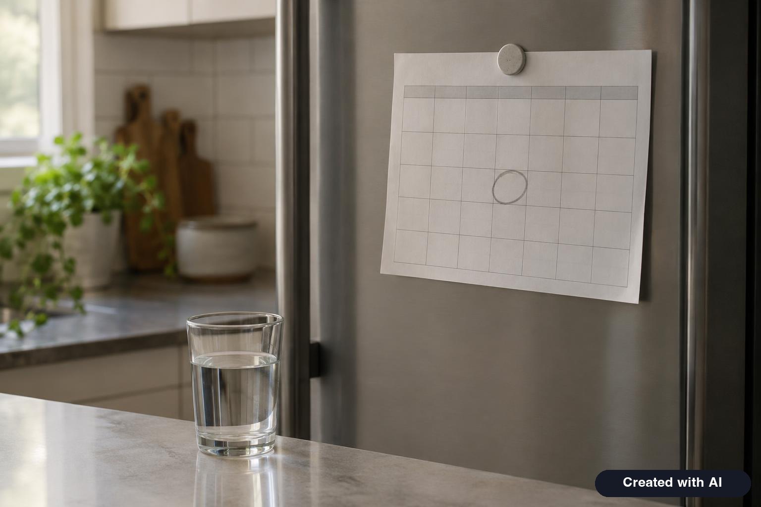 A weekly calendar on a refrigerator with one day circled, beside a plain glass of water