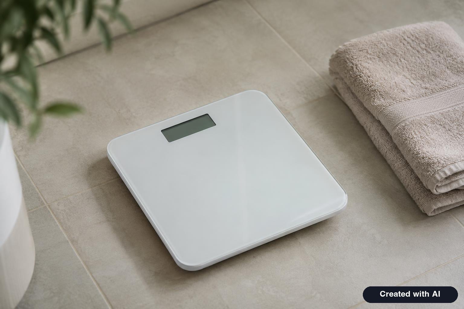 A bathroom scale on a tiled floor next to a folded towel