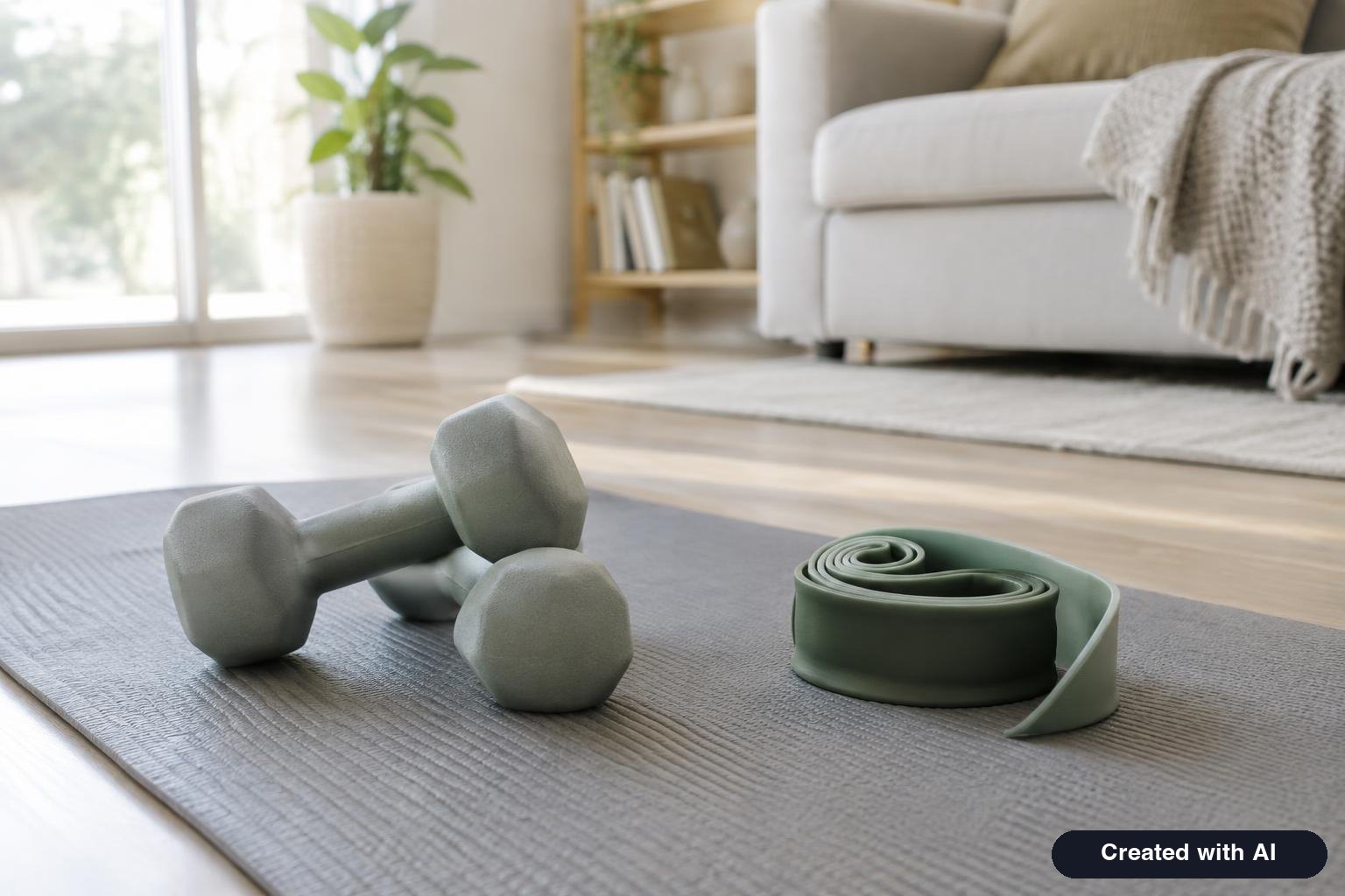 A pair of light dumbbells and a resistance band on a living room floor mat