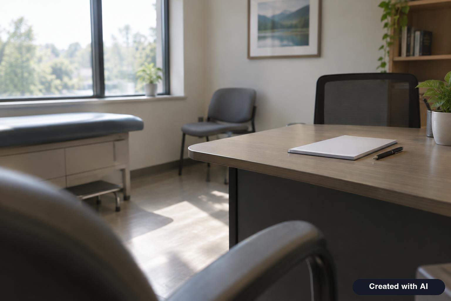 A doctor's office chair and a desk with a blank notepad and a pen, seen from the patient's side