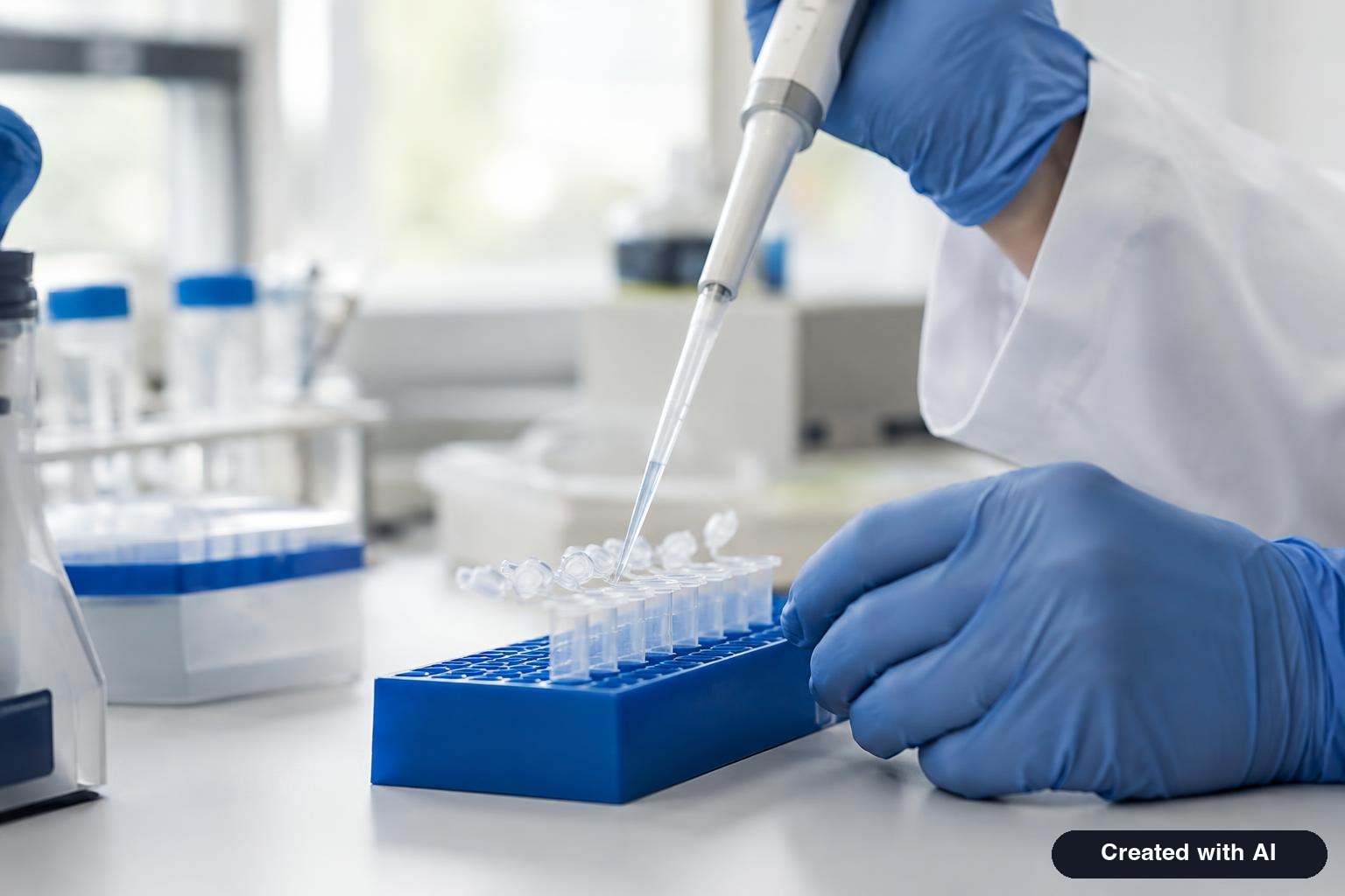 A researcher's gloved hands holding a pipette over a row of sample tubes in a laboratory