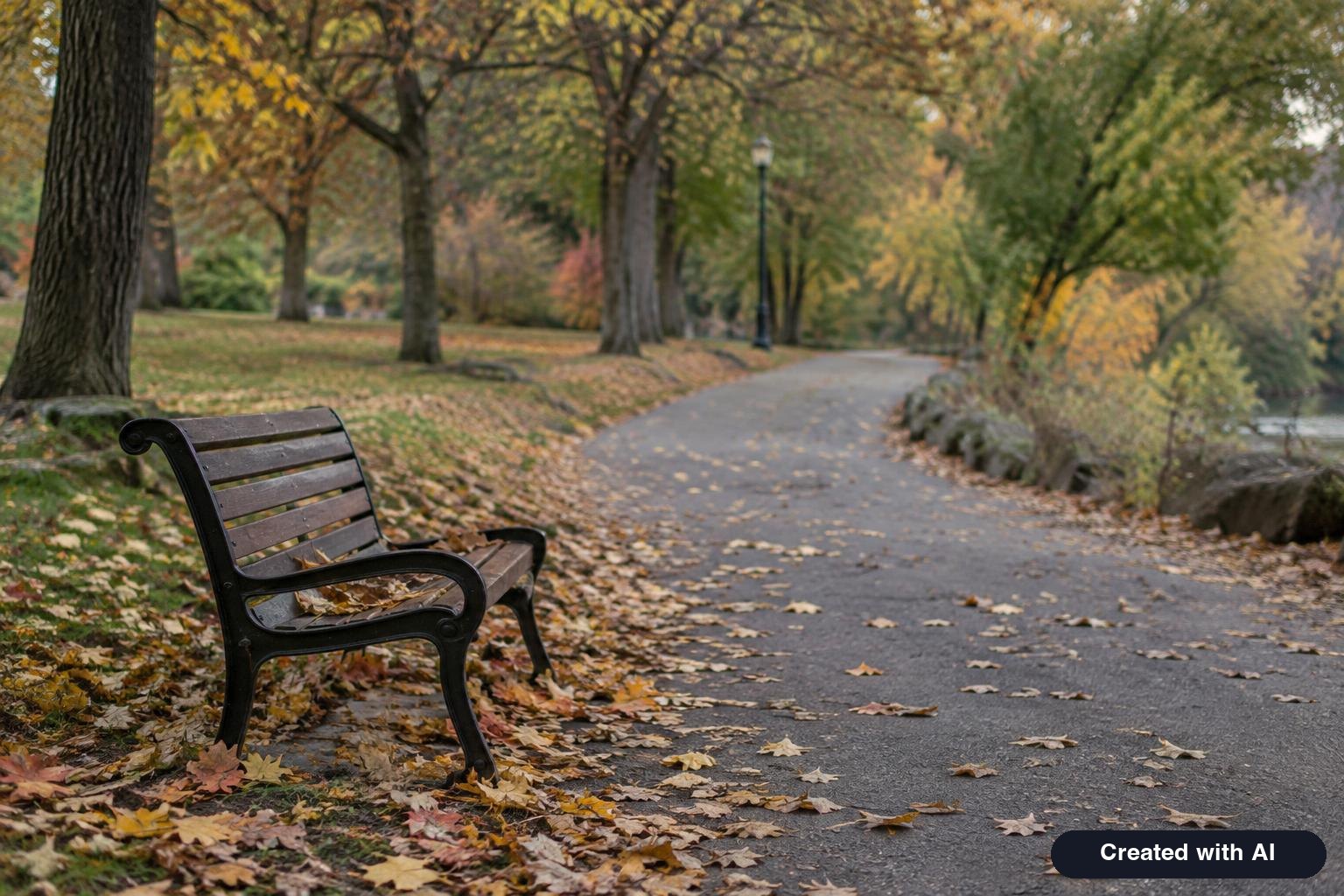 A paved walking path through a park in autumn with an empty bench