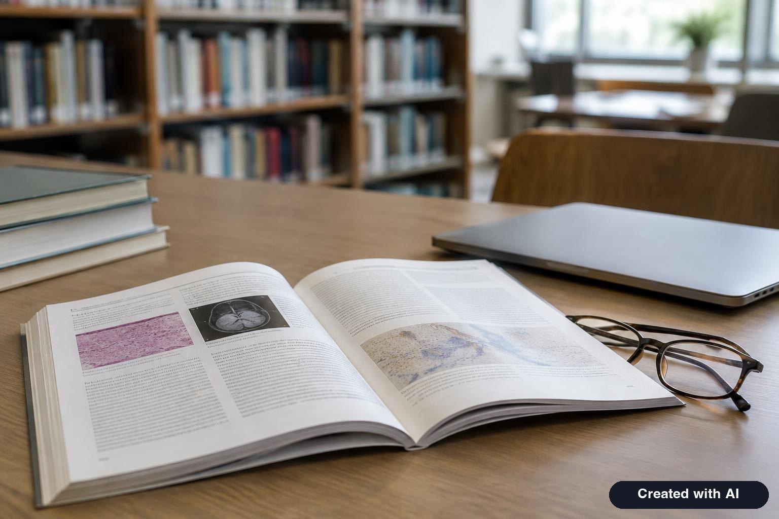 An open medical journal and reading glasses on a library table beside a laptop