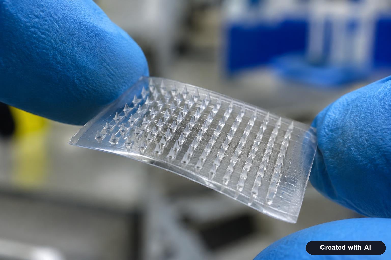 Extreme close-up of a clear microneedle array patch held between gloved fingers in a laboratory