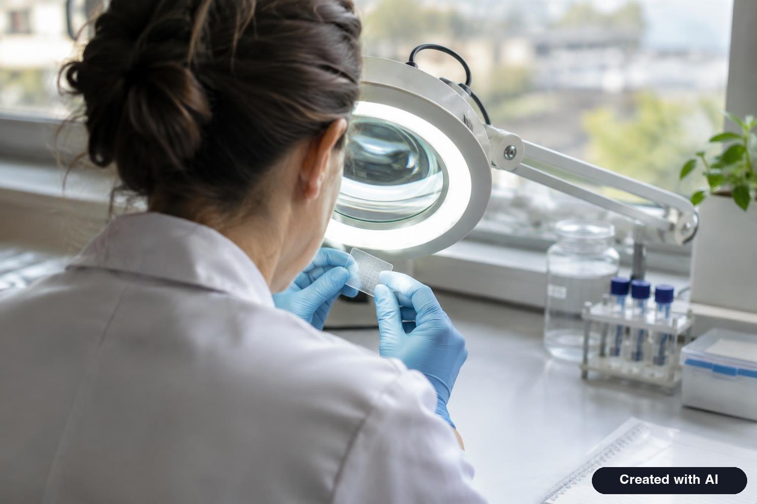 Researcher in a lab coat examining a small transparent patch under a magnifying lamp