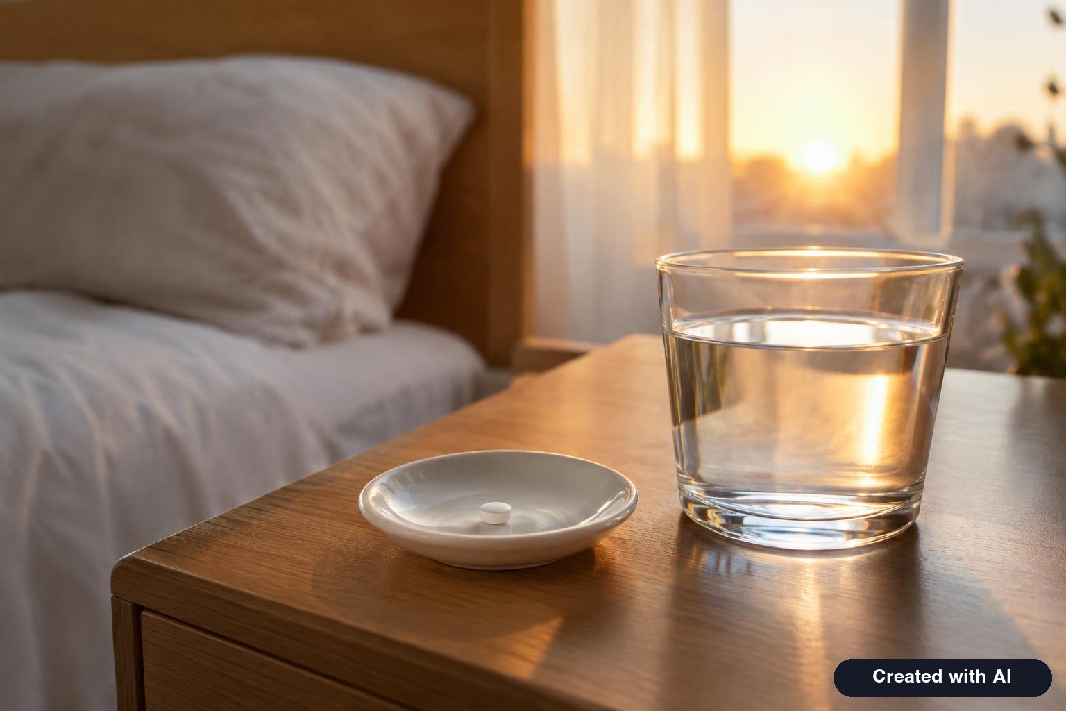 Small white round tablet beside a half-full glass of water on a bedside table at sunrise