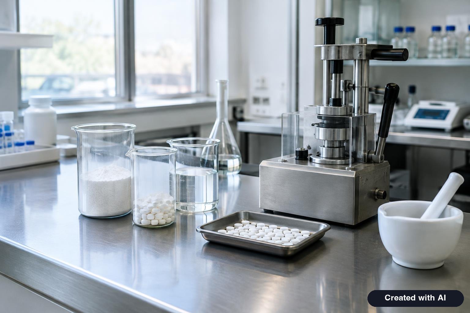 Laboratory bench with glassware and a tablet press in soft light, no people