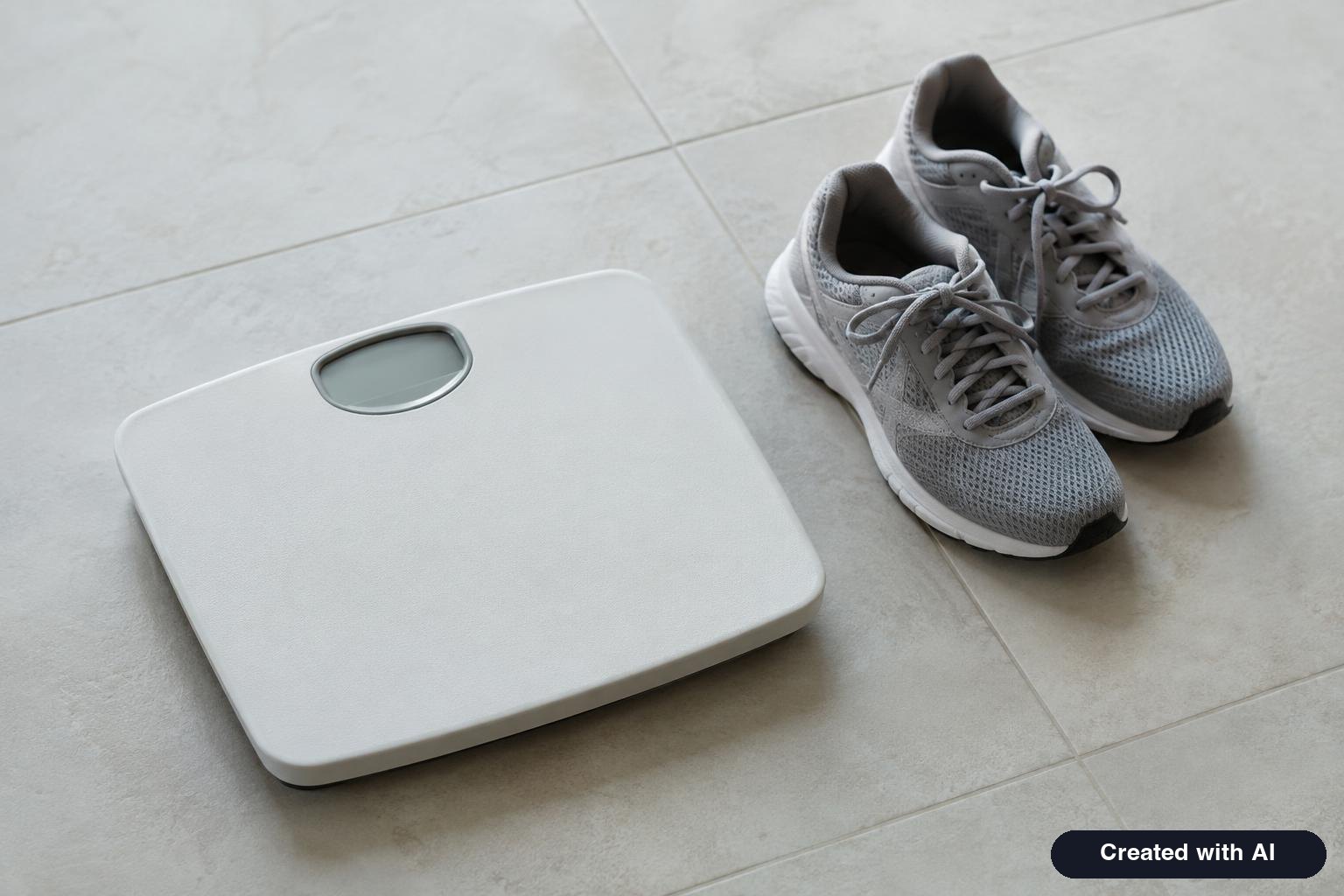 Bathroom scale on a tiled floor next to a pair of sneakers