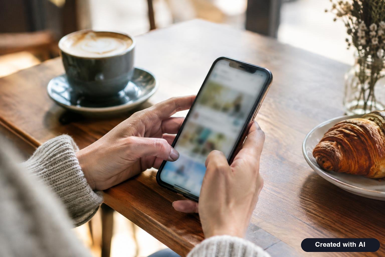 Person scrolling through a phone at a cafe table, face not visible