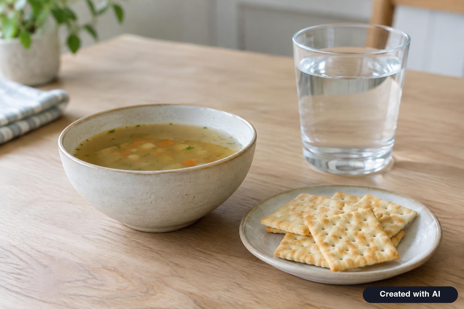 A small bowl of clear soup, crackers and a glass of water on a kitchen table