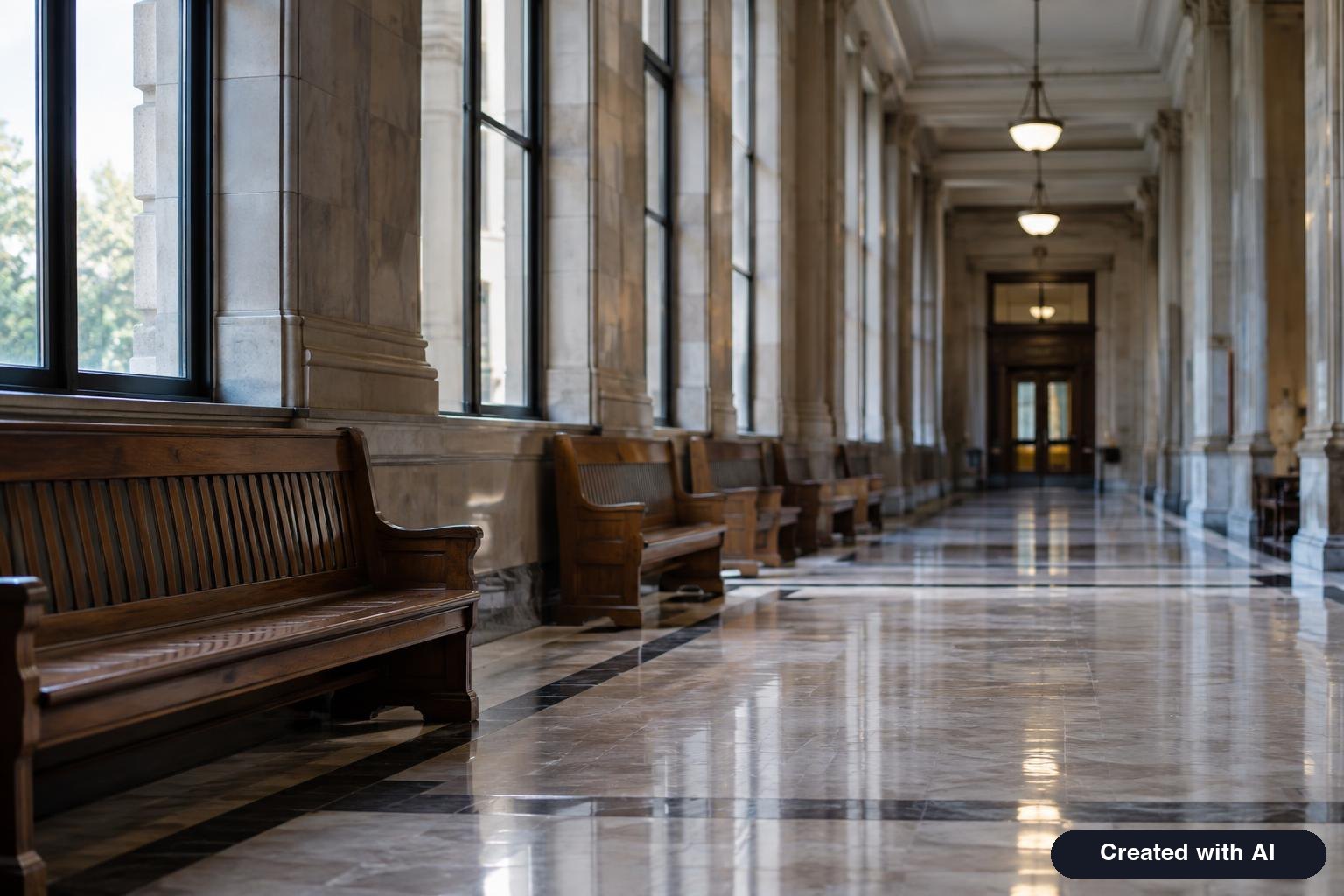 A courthouse hallway with wooden benches and tall windows, empty