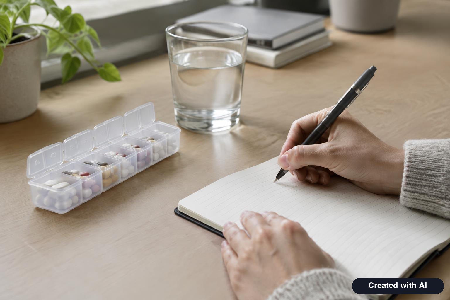 A person writing in a notebook next to a weekly pill organizer and a glass of water