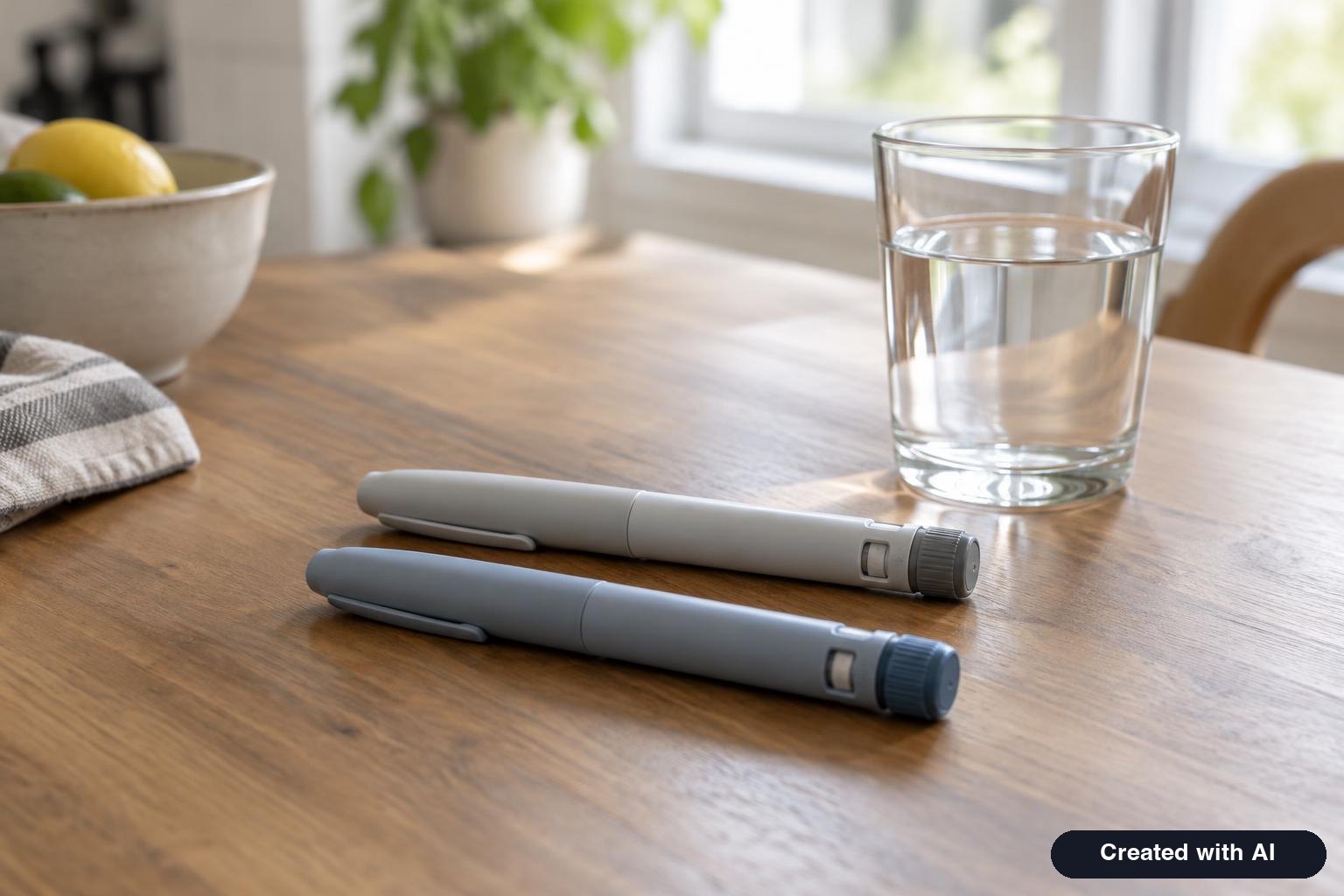 Two unbranded injection pens side by side on a kitchen table next to a glass of water