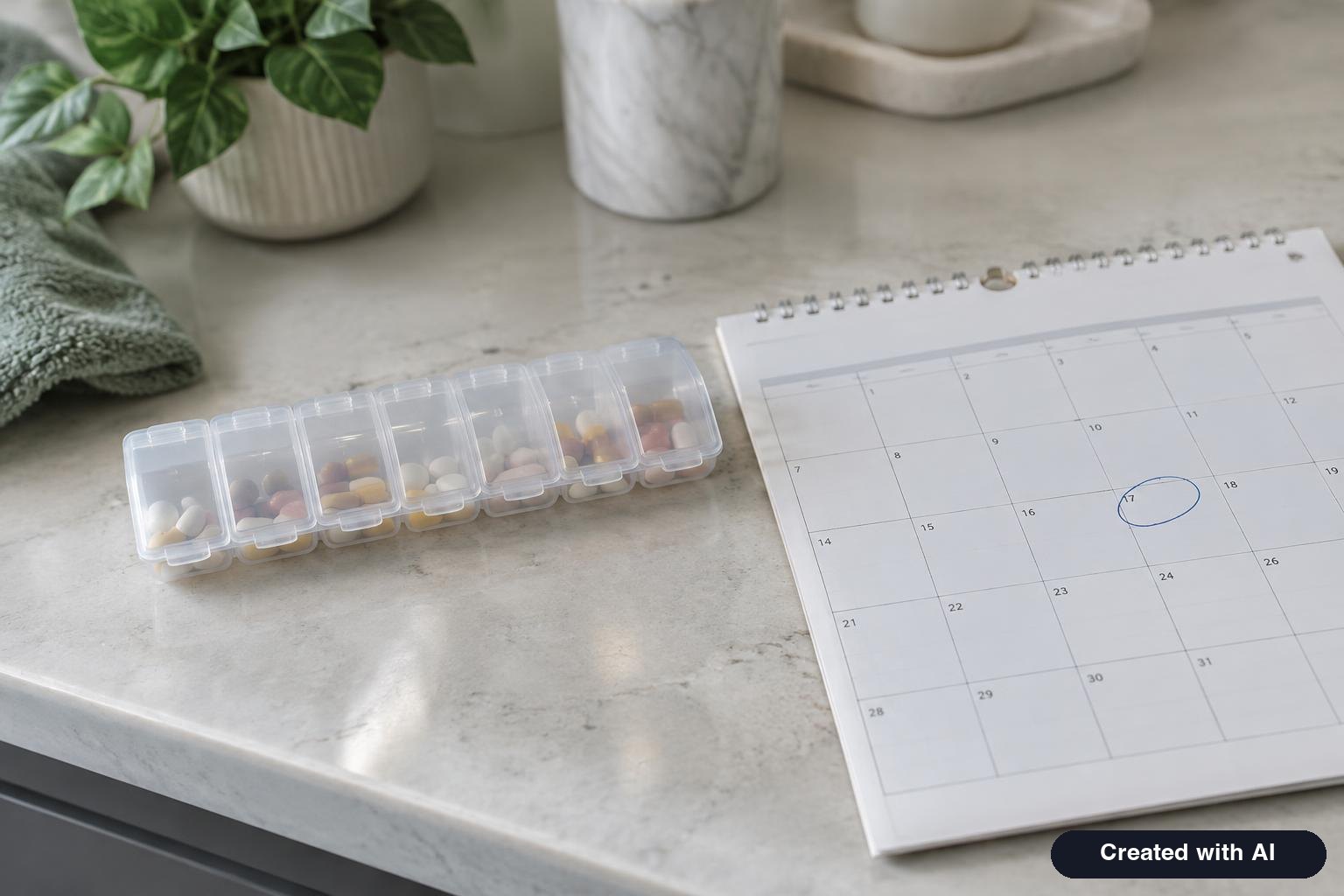 A weekly pill organizer and a calendar with one day circled on a bathroom counter