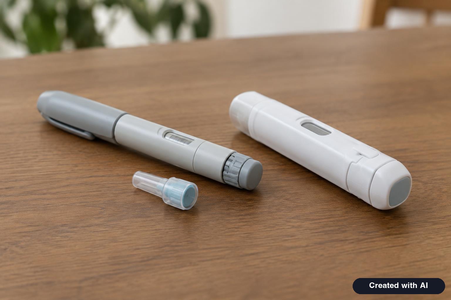 A dial-style injection pen with a separate pen needle beside a single-use auto-injector on a table