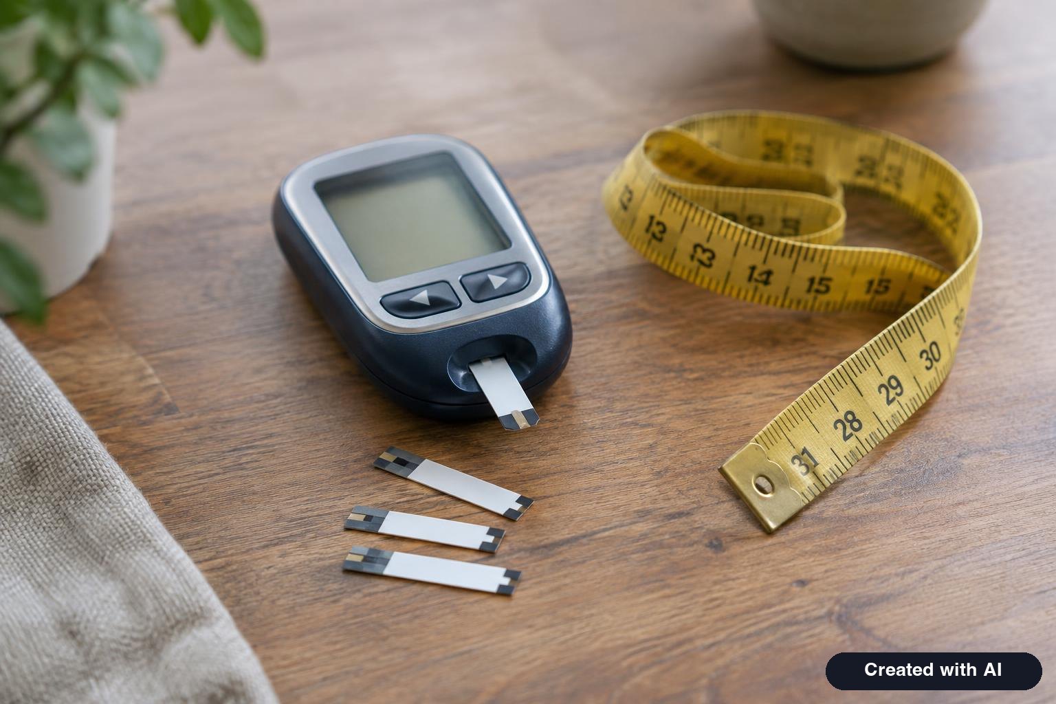 A blood glucose meter and test strips beside a tape measure on a wooden desk