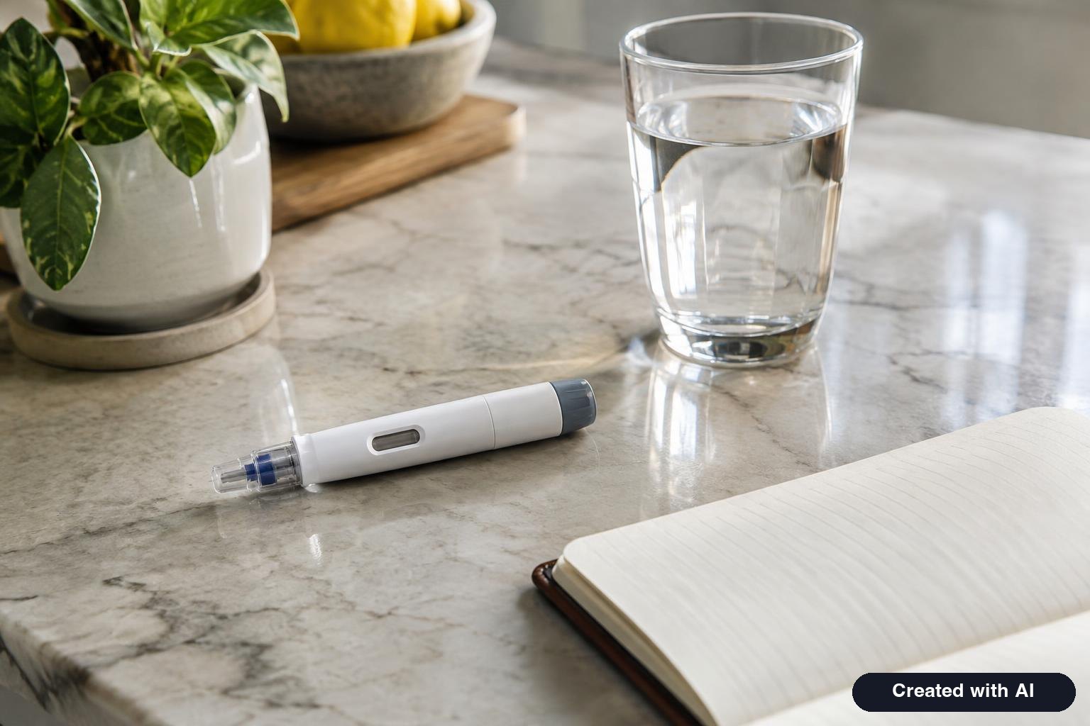 Weekly injection pen resting on a kitchen counter beside a glass of water and a notebook