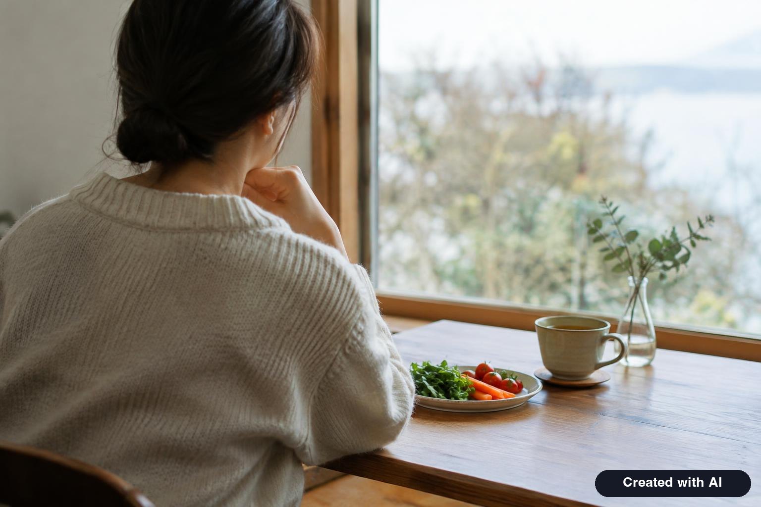 Person sitting at a table with a small plate of food and a cup of tea, looking out a window