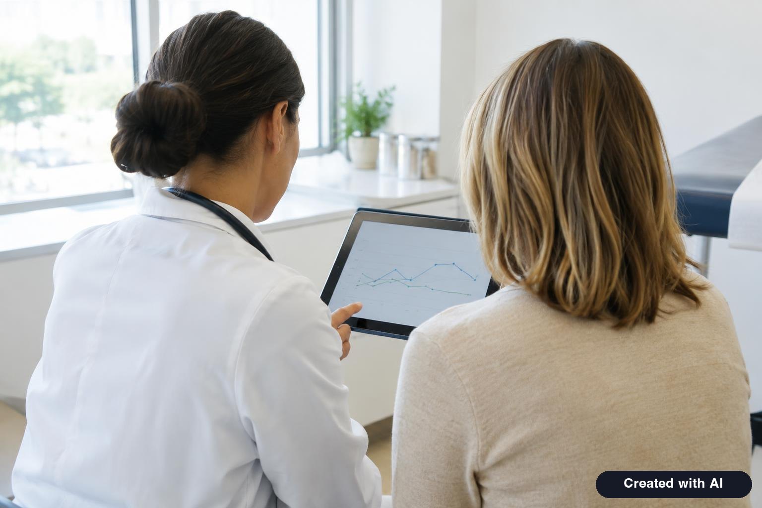 Clinician and patient seen from behind reviewing a chart on a tablet in a bright exam room
